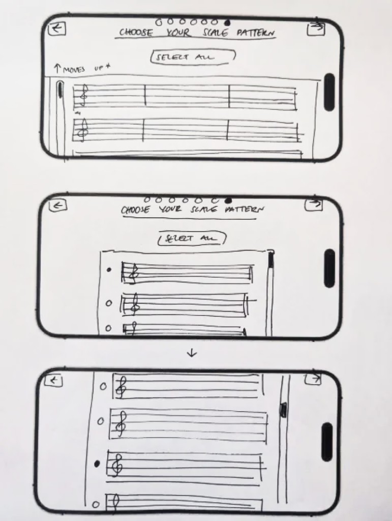 Ideation sketches: choose your scale pattern—three scrolling staff concepts